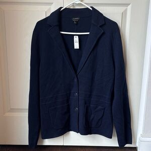 Talbots knit 100% merino wool Women's Dark Blue navy Cardigan Blazer size L NWT